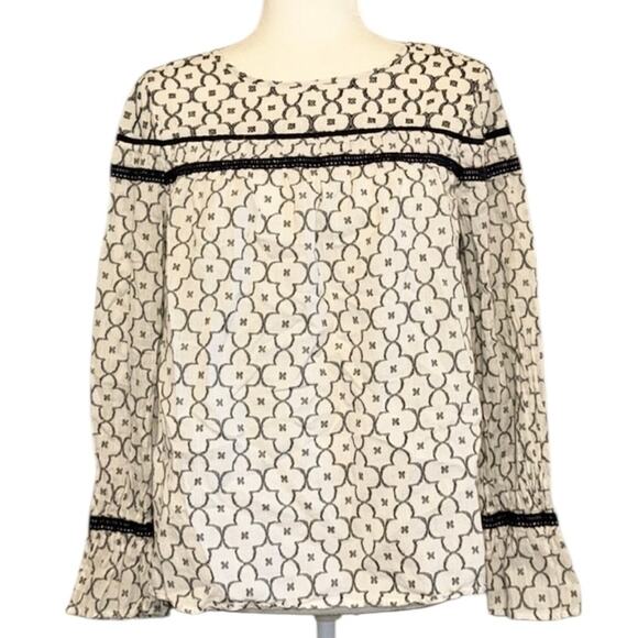 Crown & Ivy PS Cream Top Navy Trim Peasant Boho LS Cotton - Picture 1 of 8